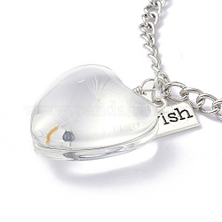 Collier de souhait de graines de pissenlit pour cadeau de femme adolescente, collier pendentif en verre coeur transparent, avec une chaîne en fer, clair, 24.41 pouce (62 cm)