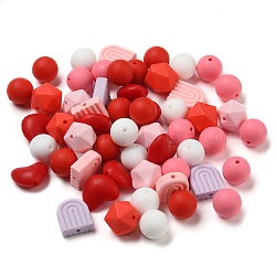 Perles de silicone écologiques de qualité alimentaire de style olycraft 8, perles à mâcher pour les jouets de dentition, Diy soins infirmiers colliers faisant, rond & coeur & icosaèdre, couleur mixte, 15~19.5x15~19x10~15mm, Trou: 2~2.5mm, 56 pcs / boîte