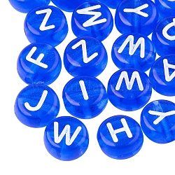 Perles en acrylique transparente, plat rond avec lettres mélangées blanches, bleu, 7x4mm, Trou: 1.5mm, environ 1480 pcs/200 g