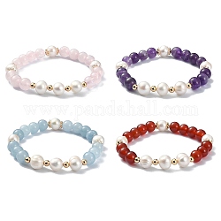 Natürliches, gemischtes Edelstein- und Perlen-Stretch-Armband für Damen, Innendurchmesser: 2-1/4 Zoll (5.6 cm)
