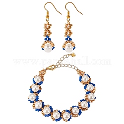 Ensemble de boucles d'oreilles pendantes et de bracelets en perles tressées avec perles de coquillages et graines de verre, ensemble de bijoux en fil de laiton pour femme, bleu, 6-1/2 pouce (17 cm), 50mm, pin: 0.6 mm
