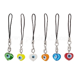 Heart Handmade Evil Eye Lampwork  Mobile Strap, with Polyester Cord, Mixed Color, 7.6~7.9cm, 6pcs/set