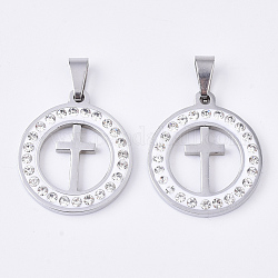 201 Stainless Steel Pendants, with Random Size Snap On Bails and Polymer Clay Crystal Rhinestones, Flat Round with Cross, Stainless Steel Color, 23x20x3mm, Hole: 8~10x3~5mm