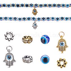 SUNNYCLUE 1 Box Evil Eye Charms Kit 100pcs Evil Eye Resin Beads 20pcs Hamsa Hand Pendants 100pcs Rhinestone Spacer Beads for Jewelry Making Bracelet Necklace