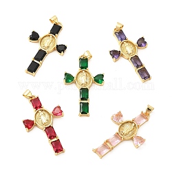 Rack Plating Brass Pendants, with Glass Cubic Zirconia, Religion Heart Cross with Virgin Mary Charm, Cadmium Free & Lead Free, Long-Lasting Plated, Real 18K Gold Plated, Mixed Color, 39x23x4mm, Hole: 5x3mm