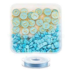 26Pcs Flat Round Initial Letter A~Z Alphabet Enamel Charms, 20G Synthetic Turquoise Chip Beads and Elastic Thread, for DIY Jewelry Making Kits, Deep Sky Blue, Alphabet Enamel Charms: 1 set/box