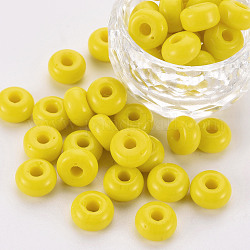 Perles de verre opaques, plat rond, jaune, 10x5~6mm, Trou: 3mm, environ 600 pcs / livre