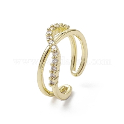 Rack Plating Brass Micro Pave Cubic Zirconia Open Cuff Rings, Criss Cross, Real 18K Gold Plated, Inner Diameter: 17.6mm