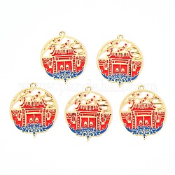 Spring Festival Theme Alloy Enamel Pendants, Flat Round with Red Door, Golden, 3.55x3x0.15cm, Hole: 1.8mm