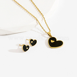 Conjuntos de collares y aretes esmaltados de acero inoxidable, corazón, negro, 17.7 pulgada (45 cm)