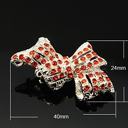 Fashion Alloy Bowknot Brooches, with Rhinestones and Iron Findings, Silver Metal Color, Red, 40x24mm, Pin: 0.8mm