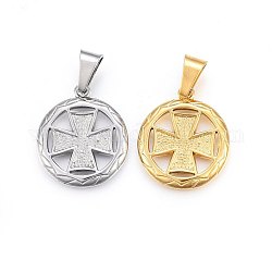 304 Stainless Steel Pendants, Flat Round with Cross, Mixed Color, 28.5x25x3mm, Hole: 11x6mm