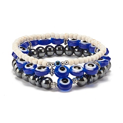 Ensemble de bracelets extensibles en perles rondes, 3 pièce, 3 styles, turquoise synthétique (teint) et hématie, bracelets porte-bonheur rond plat avec mauvais œil pour femme, bleu, diamètre intérieur: 2-1/8 pouce (5.35~5.5 cm), 1pc / style
