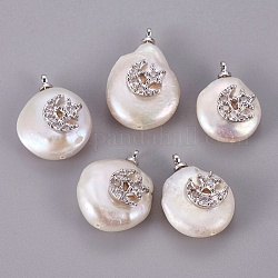 Colgantes naturales de perlas cultivadas de agua dulce, con micro latón allanan circonio cúbico, Plateado de larga duración, Redondo plano con luna y estrella, Platino, 18~22.5x13.5~15.5mm, agujero: 1.4~1.5 mm