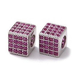 Perles 925 en argent sterling, avec zircons, Platine plaqué réel, cube, rose chaud, 7x7.5x7.5mm, Trou: 3.8mm