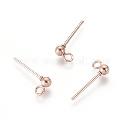 Accessoires de puces d'oreilles en 304 acier inoxydable, avec boucle, ronde, or rose, 14x3mm, Trou: 2mm, pin: 0.8 mm, rond: 3 mm