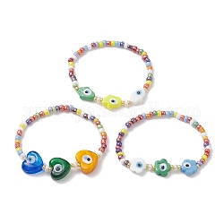 3 pièces 3 style coeur et fleur et hamsa main lampwork et bracelets extensibles en perles de rocaille, mauvais œil bracelets empilables pour femme, couleur mixte, diamètre intérieur: 2-3/8 pouce (6 cm), 1pc / style