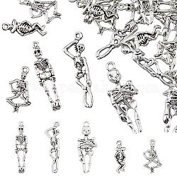 Hobbiesay 60pcs 5 estilos colgantes de aleación de estilo tibetano, esqueleto, plata antigua, 24.5~42.5x8.5~16.5x2.5~4.5mm, agujero: 1.5~2.5 mm, 12 piezas / style