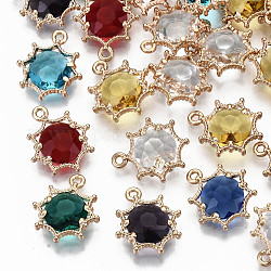 Faceted Glass Pendants, with Eco-Friendly Alloy Findings, Cadmium Free & Nickel Free & Lead Free, Faceted, Flower, Light Gold, Mixed Color, 15x13x4mm, Hole: 1.6mm