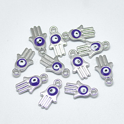 Platinum Plated Alloy Charms, with Enamel, Religion, Hamsa Hand/Hand of Fatima /Hand of Miriam with Evil Eye, Blue, 14.5x8x2.5mm, Hole: 1.8mm