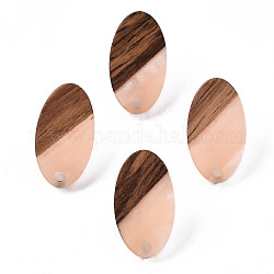 Resin & Walnut Wood Stud Earring Findings, with 304 Stainless Steel Pin, Oval, PeachPuff, 20x11mm, Hole: 1.8mm, Pin: 0.7mm