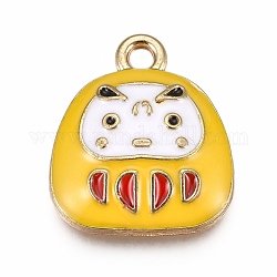 Colgantes de la aleación, con esmalte, muñeca japonesa del dharma, amuletos de buena suerte, dorado, oro, 15.5x13.5x3.5mm, agujero: 1.6 mm