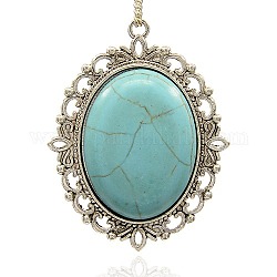 Oval Alloy Synthetic Turquoise Big Pendants, Antique Silver Metal Color, Pale Turquoise, 61x47x12mm, Hole: 3mm