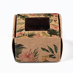 Boîte-cadeau en papier kraft créatif pliable rectangle, boîtes à bijoux, avec fenêtre carrée transparente, motif de fleur, 4.3x4.3x2.7 cm