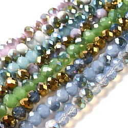 Fili di perline rondelle sfaccettate di vetro elettroplate, giada imitato, mezzo placcato, colore misto, 8x5~6.5mm, Foro: 1 mm, circa 65~68pcs/filo, 15.7~16.1 pollice (40~41 cm)