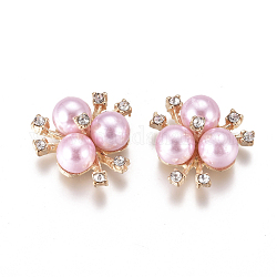 Cabochons en alliage, avec strass en cristal et perle d'imitation acrylique, fleur, or clair, rose, 19~20x21~22x10mm