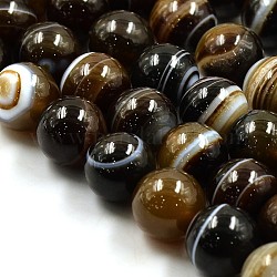 Natural Coffee Striped Agate/Banded Agate Round Beads Strands, Dyed & Heated, 12mm, Hole: 1mm, about 33pcs/strand, 15.3 inch