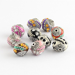 Perles Indonésiennes manuelles, avec des strass et des noyaux en alliage, ronde, argent antique, couleur mixte, 14~16x14~16mm, Trou: 1.5mm
