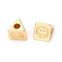 Abalorios de latón, triángulo con patrón de cara sonriente, real 18k chapado en oro, 4x4.5x4mm, agujero: 1.2 mm