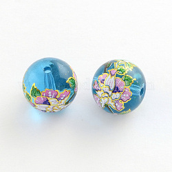 Flower Picture Transparent Glass Round Beads, with Gold Metal Enlaced, Violet, 14x13mm, Hole: 1.5mm