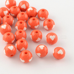 Heart Pattern Opaque Acrylic Beads, Round, Coral, 11~12x11mm, Hole: 3mm, about 550pcs/500g