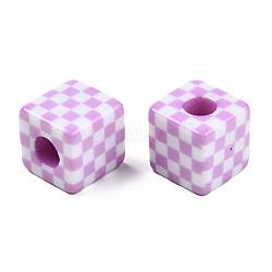 Opaque Resin European Beads, Large Hole Beads, Cube with Tartan Pattern, Plum, 20x20x20mm, Hole: 9mm