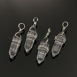 Faceted Bullet Platinum Plated Brass Quartz Crystal Double Terminated Pointed Pendants, Rock Crystal, 38~42x8~9mm, Hole: 3~6mm