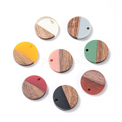 Colgantes de resina & madera, plano y redondo, color mezclado, 18x3.5mm, agujero: 1.5 mm