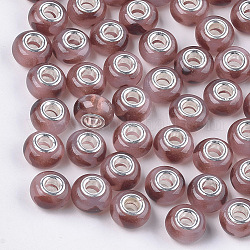 Cmолы европейские шарики, бусины с большим отверстием, с латунными сердечниками с серебряным покрытием, рондель, розовые, 14x8.5~9 мм, отверстие : 5 мм