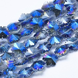 Abalorios de vidrio electroplate hebras, medio chapado, facetados, copo de nieve, azul chapado, 12~12.5x14x8~8.5mm, agujero: 1 mm, aproximamente 25 pcs / cadena, 12 pulgada (30.5 cm)