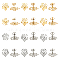 Unicraftale 304 Stainless Steel Stud Earring Findings, with Loop, Flower, Golden & Stainless Steel Color, 16x14mm, Hole: 1mm, Pin: 0.7mm, 24pcs/box