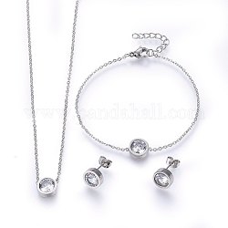 304 Stainless Steel Jewelry Sets, Pendant Necklaces & Stud Earrings & Bracelets, with Cubic Zirconia, Flat Round, Stainless Steel Color, 17.7 inch(45cm), 180mm, 9~10x4mm, pin: 0.8mm