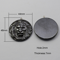 Non-magnetic Hematite Pendants, Grade A, with Iron Findings, Flat Round with Lion, Black, 48x44x7mm, Hole: 2mm
