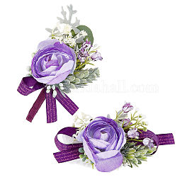 CRASPIRE 2PCS Flower Wrist Corsage Wedding Flowers Accessories Artificial Purple Rose Silk Wristband Boutonniere Buttonholes Rose Wrist Corsage