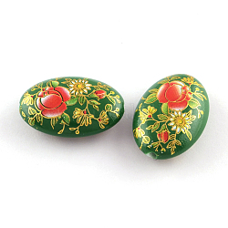 Perle acriliche ovali con stampa opaca, modello di fiore, verde, 19x13.5x6mm, Foro: 2 mm