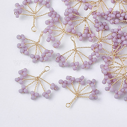 Perles de rocaille en verre pendentifs enveloppés de fil, avec fils en laiton plaqué or, arbre, Prune, 15~16x18~21x2~3mm, Trou: 1.2mm