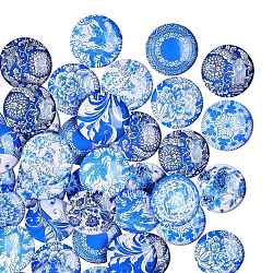 50 Stück blau-weiß bedruckte Glascabochons, halbrund / Dome, Stahlblau, 25x7 mm