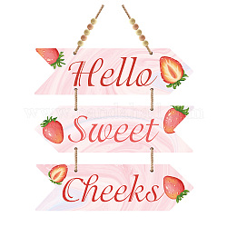 Wood Hanging Sings, Home Decorations, with 1M Jute Ropes and 10Pcs Wood Beads, Arrow with Word Hello Sweet Cheeks, Pink, Sign: 300x8.5x5mm, 3pcs/set