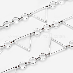 Unwelded Handmade Brass Chains, Triangle, Ring and Hexagon, Platinum, 9~27x8~24x1mm, 3 Shape Clasp: 1.2x7.5x3mm