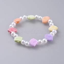 Bracciali elasticizzati per bambini, con perla imitata acrilica e perle acriliche colorate, pettine / shell, colorato, 1-5/8 pollice (4.3 cm)